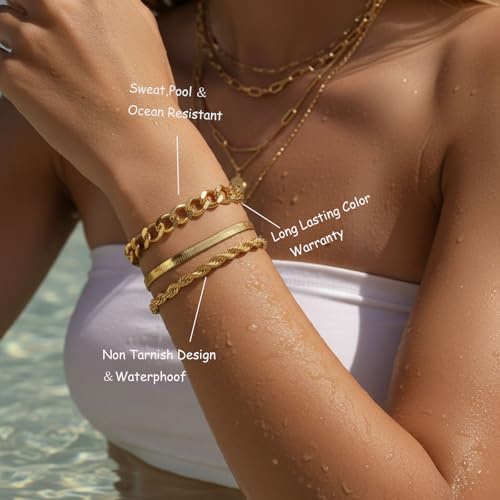 PLOMFOV Gold Bracelets for Women Stack Non Tarnish 14K Gold Plated Chunky Gold Bangles Bracelet Set Beaded Paperclip Chain Cuban Link Dainty Trendy Waterproof Stackable Cuff Bracelets Jewelry Gifts for Women - color: 5Pcs Gold-Cuban Set