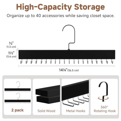 StorageWorks Tie Hanger with 20 Swivel Hooks, 2 Pack Wooden Hanger, Black | Sturdy Black Tie Wooden Hanger with 180° Swivel Hooks, Space Saver Rack for Ties, Belts, Scarves in Closet - color: Black