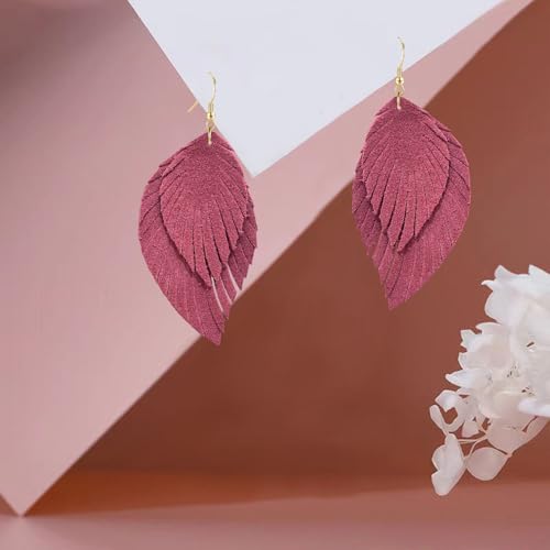 Genuine Leather Handmade Fringe Feather Lightweight Dangle Drop Earrings Teardrop Tassel Hook Earrings for Women - style: 9 Light Red