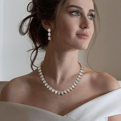 EleQueen Women's Silver-Tone Full Prong Cubic Zirconia Teardrop Bridal Necklace Earrings Set - color: 02-Clear