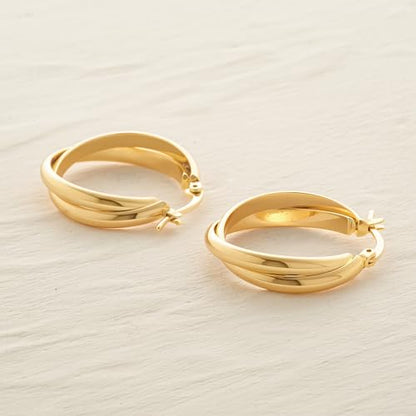 Gold Hoop Earrings for Women 14K Gold Plated Chunky Huggie Hoops Simple Cute Earrings Minimalist Jewelry for Women Gifts - style: Double