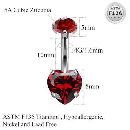 ASTM F136 Titanium Belly Button Rings 14G CZ Heart Belly Navel Rings 10mm Bar Body Piercing Jewelry Navel Ring With 1PCS Curved Piercing Taper - color: Red CZ