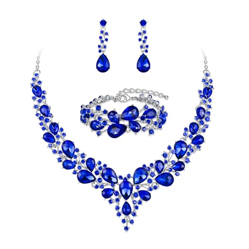 Wedding Bridal Jewelry Set for Women Bride Bridesmaids | Gorgeous Austrian Crystal Teardrop Cluster Statement Necklace Dangle Earrings Link Bracelet Set Prom Jewellery - color: 16-Blue Silver-Tone