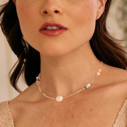 Beaded Necklaces for Women Summer Beach Beaded Necklace Bead Choker Boho Necklaces for Women Handmade Summer Jewelry Stainless Steel 18K Gold Plated - color: Champagne
