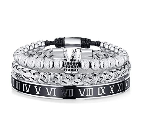 WFYOU 3PCS Stainless Steel Imperial Crown Bracelets for Men Gold Roman Numeral Bangle Bracelet Adjustable Cuff Bracelet Mens Luxury Jewelry Gifts - style: 02:Silver-Roman Numeral