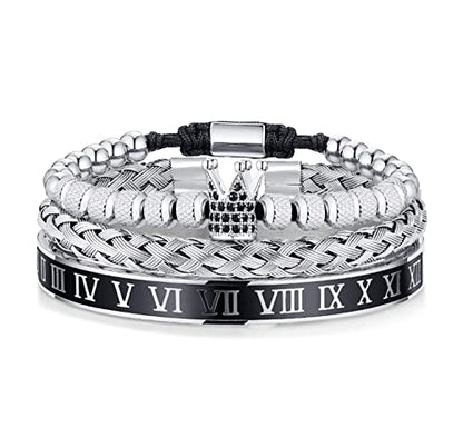 WFYOU 3PCS Stainless Steel Imperial Crown Bracelets for Men Gold Roman Numeral Bangle Bracelet Adjustable Cuff Bracelet Mens Luxury Jewelry Gifts - style: 02:Silver-Roman Numeral