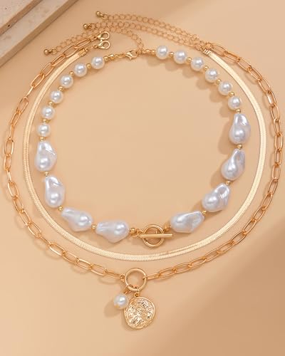 Gold Layered Necklaces for Women Chunky Layered Gold Necklaces Stacked Paperclip Chain Pearl Necklace Herringbone Toggle Clasp Choker Trendy Statement Jewelry Gifts - color: A7:chunky gold necklaces