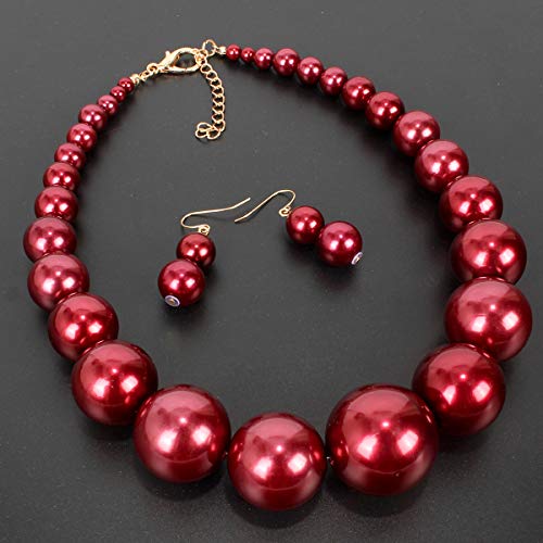 Large Style Big Imitate Pearl Strand Choker Necklace With Earrings Set - color: burgundy