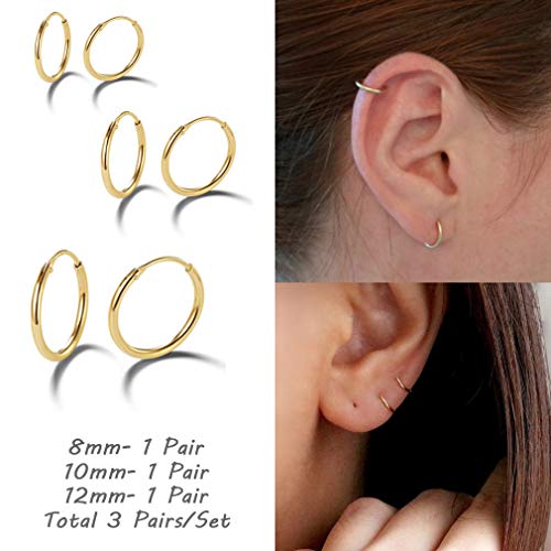 EPIRORA Silver Hoop Earrings- Cartilage Endless Small Hoop Earrings Set for Women Men, 3 Pairs of Hypoallergenic 925 Sterling Silver Tragus Earrings Nose Lip Rings - color: 3 Pairs(8/10/12mm)-Gold