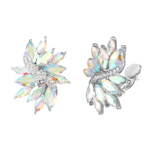 Flyonce Rhinestone Clip On Stud Earrings for Women, Glitter Marquise Crystal Wedding Party Vintage Statement Non Pierced Earring for Brides Bridal Cocktail Prom Jewelry Silver-Tone - color: Iridescent Silver-Tone