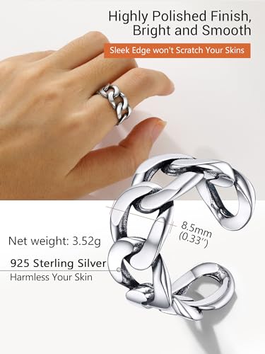 PROSILVER 925 Sterling Silver Adjustable Open Ring for Women, Solid Sterling Silver Stackable Ring, knuckle Finger Ring, Pinky Ring, Come with Box - style: 05 Cuban Link Ring