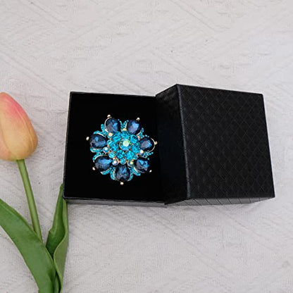 Flower Shape Crystal Cocktail Stretch Ring Party Prom Floral Statement Elastic Ring for Women - color: 2RI255-Aquamarine-gold tone