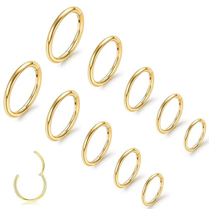 10Pcs Gold Nose Ring Hoop 18G/20G Clicker Nose Hoops Hypoallergenic Stainless Steel Nose Piercings Jewelry Gold Nose Jewelry Septum Helix Cartilage Lip Body Piercings for Women Men 7mm 8mm 9mm 10mm 12mm - color: Gold-20G