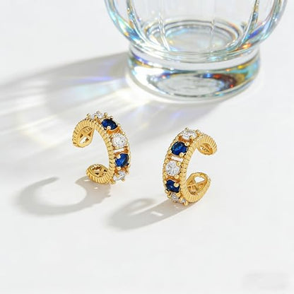 Bemoly Ear Cuff Earrings for Women 14K Gold Plated Cubic Zirconia Dangle Huggie Ear Cuffs Non Piercing | Clip On Cartilage - style: D-Blue CZ-Pair