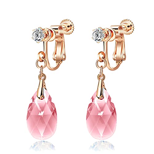 EVEVIC Austrian Crystal Teardrop Clip On Drop Earrings for Women | Adjustable Screw-Back Fit, 14K Rose Gold-Plated, Soft Silicone Pads Included, Comfortable For Pierced Or Non-Pierced Ears - color: Pink