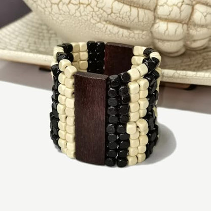 Caiyao Bohemian Wooden Beaded Stretch Bracelet Wide Chunky Bangle Beads Jewelry Wood Elastic Wristband for Women-Brown - style: 00A
