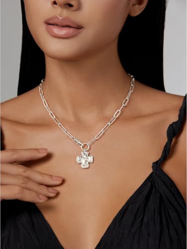 CHESKY Cross Necklace for Women, 14K Gold/Silver Plated Paperclip Necklace | Chunky Cross Necklace, Statement Pendant Charm Necklace, Gold Jewelry for Women, Fashion Accessories - color: Silver