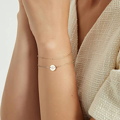Gold Initial Bracelets for Women Girls Jewelry Gifts - Dainty 14K Gold Plated Layered Beaded Letter Bracelet 26 Alphabet Disc Monogram Initial Bracelets Birthday Gifts for Women Girls Teens - style: S