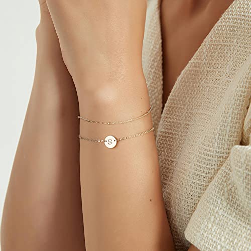 Gold Initial Bracelets for Women Girls Jewelry Gifts - Dainty 14K Gold Plated Layered Beaded Letter Bracelet 26 Alphabet Disc Monogram Initial Bracelets Birthday Gifts for Women Girls Teens - style: B
