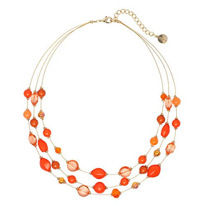 Coiris 3 Layers Illusion Wire Beaded Statement 19.5" Necklace for Women - color: N0005-Orange