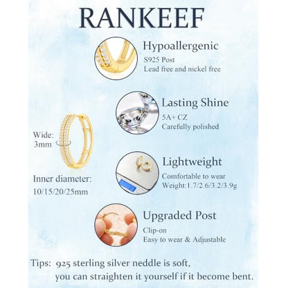 RANKEEF Small Rhinestone Hoop Earrings 925 Silver Everyday Cartilage Hoops Hypoallergenic Dainty 14K Gold Plated Huggie Sparkle Double Row Cubic Zirconia Hoop Earrings 10/15/20/25mm - color: Gold, size: 15mm