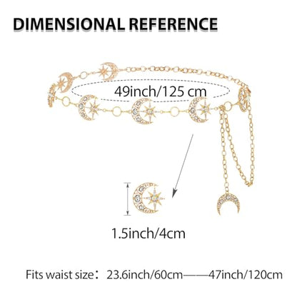 Rhinestone Moon Chain Belt Sparkly Star Waist Chain Adjustable Body Jewley for Women Dress Belt Accessory - style: Gold moon star C