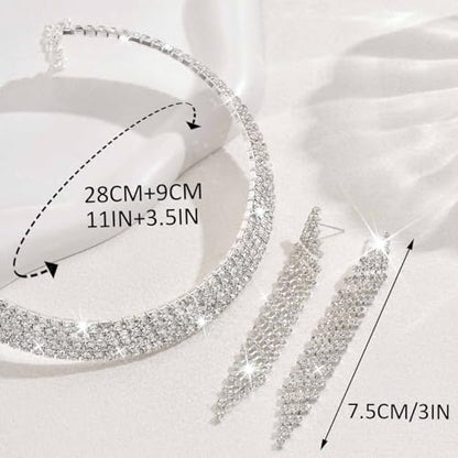 Rhinestone Bridal Wedding Jewelry Sets Silver Choker Necklace Earrings Set Prom Formal Costume Jewelry Set for Women and Brides - color: Silver