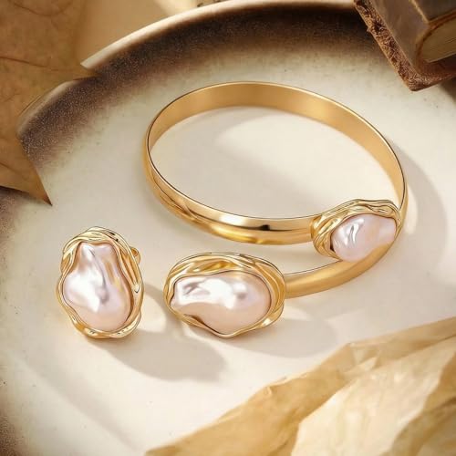 Vintage Irregular Pearl Bracelet Ring Set for Women, Chunky Cuff White Gold Matching Jewelry, Prom Fashion Accessories
