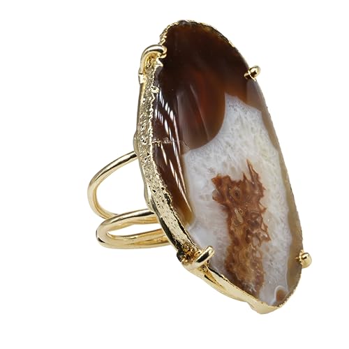 Natural Agate Geode Slice Crystal Gemstone Free-Form Stone Ring Gold Electroplated Adjustable Rings for Women stone Size 30-40mm - color: Brown