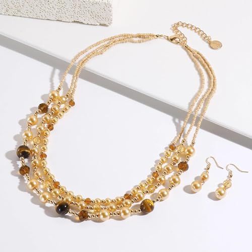 Coiris Layered Pearl Necklace and Earring Set for Women Boho Beaded Statement Choker with Faux Pearls Chunky Costume Jewelry for Wedding Party Beach Vacation Gift - color: Champagne