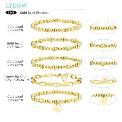 Beaded Bracelets for Women, 18K Gold Plated Initial A-Z Stretch Bead Ball Stackable Bracelet with Letter Jewelry Set Gifts - size: Gold-I