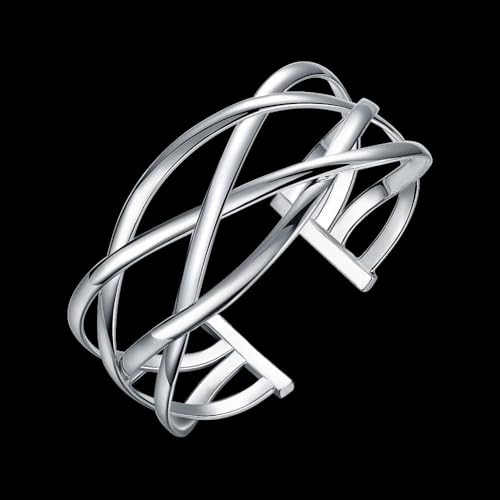 925 Sterling Silver Bracelet Plated Cuff Bangle Bracelet Fashionable Multi-layer Cross Wire Bangle Bracelet Open Adjustable Wide Cuff Bracelet for Teen Girls Fashion Jewelry - color: silver B