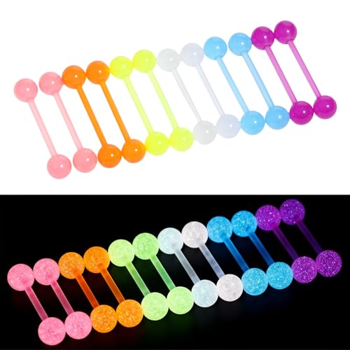 Acrylic Tongue Barbells Rings 24 PCS 15G Glow in Dark Flexible Straight Tongue Rings Colorful Plastic Ring Body Piercing Jewelry Bars for Women Men Work Sports 18mm