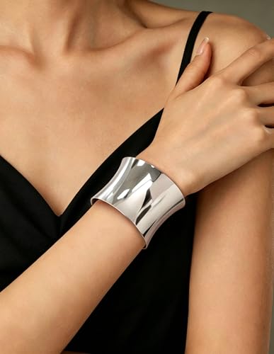 2Pcs Cuff Bangle Bracelet for Women Open Wide Bangle Bracelet Set | minimalist statement bangle bracelets，wrist cuff wrap bracelet adjustable，open wide wire grooved hammered bracelet set - color: 2PCS-Sliver-A