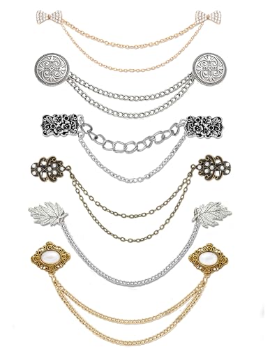 Akeoqi 6Pcs Vintage Sweater Shawl Chain Clips retro Bowknot Rhinestone Button Leaf Pearl Flower Pattern Brooch Pins for women men suit Shirt cardigan Cloak Dress Lapel collar Clasp with Hanging Chain