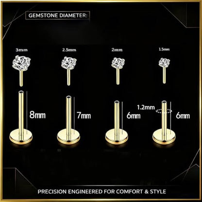 16G 18G 20G Hypoallergenic Threadless Flat Back Nose Studs Women | Medical Steel, CZ 1.5-3mm, Nostril Tragus Helix Piercing, A Secure Fit And Everyday Wear For Sensitive Skin - color: Gold -C