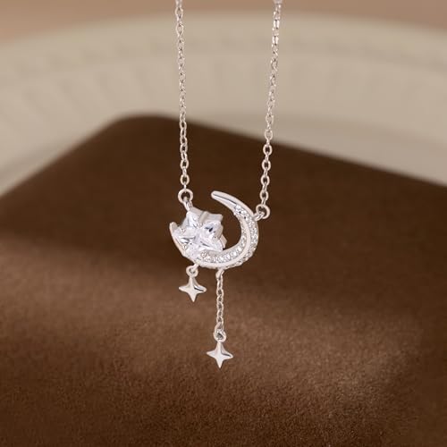 Reffeer Solid 925 Sterling Silver Moon Star Necklace for Women Teen Girls CZ Moon Choker Necklace Dainty Star Pendant Necklace - color: A-Silver