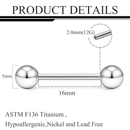Ruifan Grade 23 Titanium Internally Threaded Nipple Piercing Jewelry Barbell Ring PA Tongue Rings Nipple Straight Body Piercing Jewelry for Women Men 16G 14G 12G 8G 6G 4G 2G - size: 12GA - 5/8" (16mm)