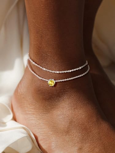 U7 Silver Ankle Bracelet for Women, Waterproof Layered Ankle Round Gem Birthstone Anklets, Summer Beach Foot Jewelry, Adjustable 8.5"-10.5" - color: 11.November-Yellow Topaz