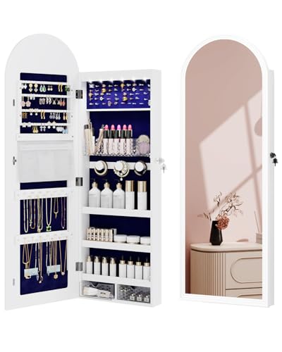 47 inch Arched Jewelry Cabinet Organizer with Mirror, Lockable | Jewelry Armoire Hanging Door/Wall Mounted, 6 LEDS, Arch Framed Mirror Cabinet with Storage, Gift for Women, White - color: White