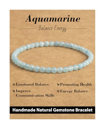 Natural Stone Beaded Bracelets for Men Women, 4mm 6mm 8mm | Healing Crystal, Protection Gemstone, Gift Packaging with Energy Card, Stretch Jewelry, Replacement Beads Included, 18 Stone - color: Aquamarine(Emotional Balance), size: 4mm