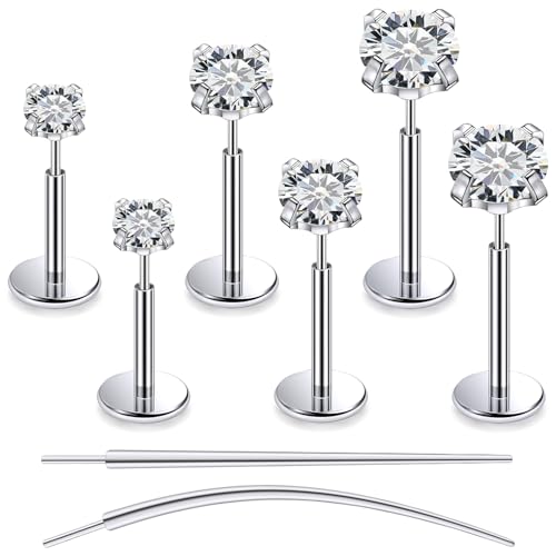 F136 Titanium 20/18/16G Earrings Nose Lip Rings Medusa Tragus Cartilage Helix Labret Flat Back Threadless Implant Grade Stud Piercing Jewelry for Women - color: White CZ, size: 18g*6/7/8mm*2/3/4mm