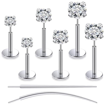 F136 Titanium 20/18/16G Earrings Nose Lip Rings Medusa Tragus Cartilage Helix Labret Flat Back Threadless Implant Grade Stud Piercing Jewelry for Women - color: White CZ, size: 18g*6/7/8mm*2/3/4mm