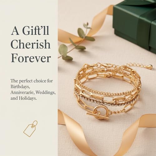 14K Gold Plated Layered Bracelet Set for Women, Boho Stackable Crystal Link Chain Bangles, Stacked Gold Bracelets Elegant Jewelry Gift for Wedding, Anniversary, Birthday