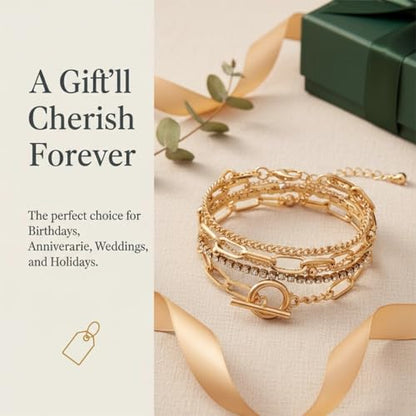 14K Gold Plated Layered Bracelet Set for Women, Boho Stackable Crystal Link Chain Bangles, Stacked Gold Bracelets Elegant Jewelry Gift for Wedding, Anniversary, Birthday