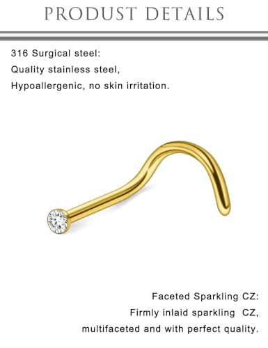 Hoeudjo Nose Studs Surgical Steel Cubic Zirconia Nose Rings Kit for Women Men Tiny Nose Stud Bone & Screw & L Shaped Nostril Piercing Jewelry 18/20/22/24 Gauge 10 Pieces - color: gold-tone,screw nose studs, size: 18g/1.5mm clear CZ