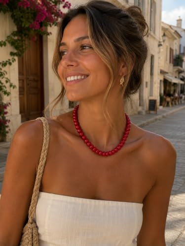 Red Beaded Necklace for Women, 5x8mm Stone Choker with Gold Clasp | Bold Boho Statement Jewelry for Colorful Everyday Outfits