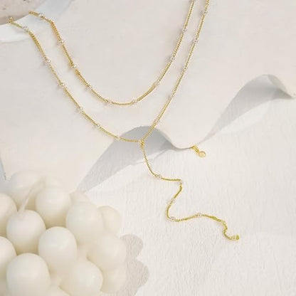 HAXIYA Gold Pearl Y-Shaped Necklace for Women Layered Lariat Long Pendant | 14K Gold Plated/Sterling Silver Dainty Drop Chain Layered Pearl/Beaded Necklaces Simple Gold Jewelry for Women - color: Pearl - Gold