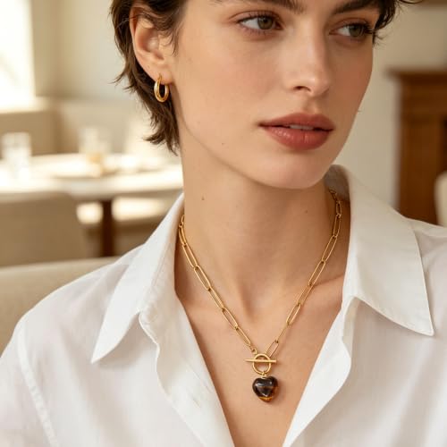 Teardrop CZ Pendant Paperclip Chain Necklace 18K Plated Paperclip Toggle Necklace Jewelry Birthstone Gift for Women - color: Tiger eye