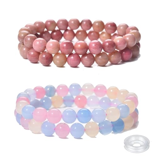 Crystal Beaded Bracelets Set, 4 Piece Gemstone Stretch Bracelets, Rose Quartz, Agate,Jasper, Tiger Eye and Multicolor Glass Beads with String - style: Type 13(Morganite+Rhodonite)